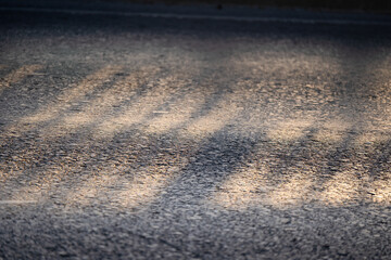 Sunlight Casting Shadows on Asphalt Road. Abstract view of sunlight casting patterned shadows on an asphalt road, highlighting textures and creating a moody atmosphere.

