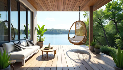 Obraz premium A deck with a view of the lake and the trees in the background.