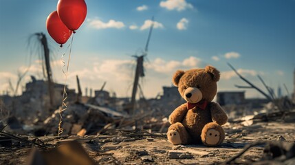 Lonely Teddy Bear with Red Balloons in Urban Ruins