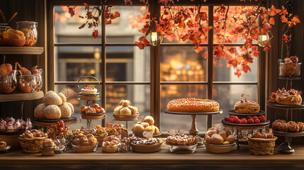 A charming bakery window displaying various chestnut pastries and treats.