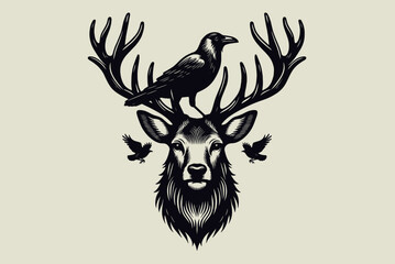 Obraz premium Majestic deer with ravens perched on its antlers. Old vintage engraving illustration. Hand drawn outline graphic. Logo, emblem, icon. Isolated object, cut out. black and white. tattoo, print 