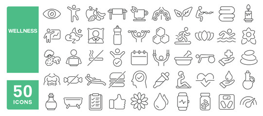 Set of 50 line icons related to wellness, health, exercise, wellbeing, spa, nutrition, sleep, mental, herbal, care, Editable stroke. Vector illustration