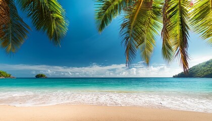 Obraz premium Beautiful tropical beach with palm trees, sunset beach seascape, design template for travel banner.