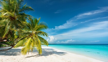 Obraz premium Beautiful tropical beach with palm trees, sunset beach seascape, design template for travel banner.