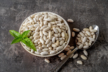 Organic kidney beans in a bowl over textured gray background. Bowl and spoon full of raw white beans for cooking vegetarian dish. Plant protein, backed bean recipe concept.