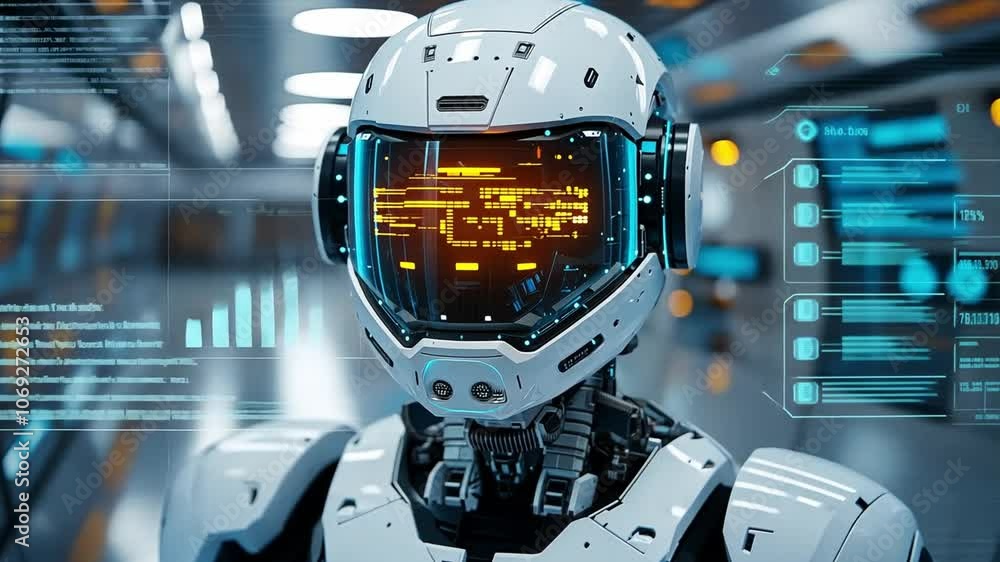 Poster futuristic robot with digital interface standing in a high-tech corridor aboard a spacecraft