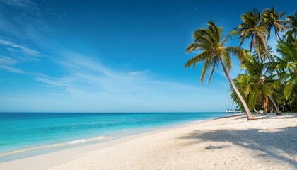 Fototapeta premium Beautiful tropical beach with palm trees, sunset beach seascape, design template for travel banner.