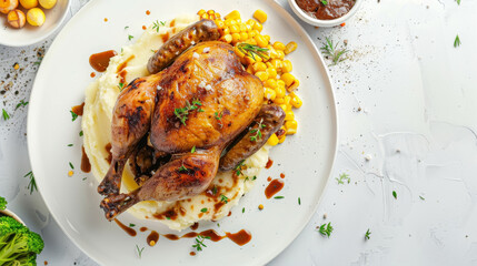 Stuffed quail on a clean, white background, surrounded by ample space for easy extraction. Focus on roasted quail, udon noodles, teriyaki sauce