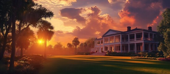 A classic white mansion with a large front porch, surrounded by trees and a lush green lawn, at sunset.