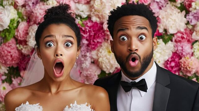 African american couple reacts with wide eyes and open mouths, surrounded by vibrant flowers, as they celebrate a surprising wedding moment