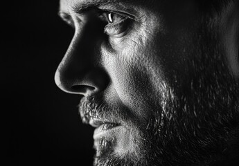 Obraz premium Close-up black and white portrait of a pensive man with a beard