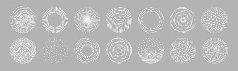 Set of round doodle hand drawn patterns and textures. Abstract organic shapes, different textured circles. Trendy vector graphic elements for cover, poster, banner, label, fabric, wallpaper, wrapping.