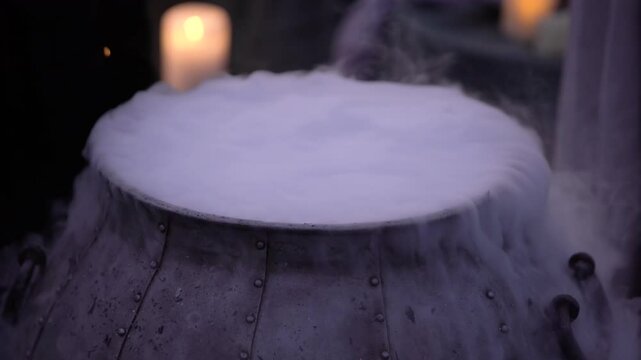 Close-up magic cauldron with mysterious potion and thick steam smoke from a big vintage black pot when wizard cooking fantasy magician spell 4K