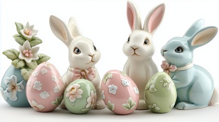 Ceramic figurines of Easter bunnies and decorative eggs, decorated with floral patterns in pastel colors on a white background.
