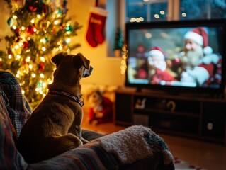 A dog sits in front of a TV, watching a Christmas movie.