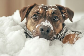 Dog covered in snow looks up at the camera