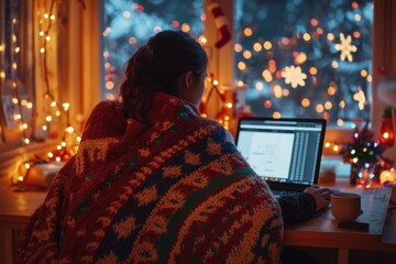 Obraz premium Woman working on laptop at home, cozy in sweater