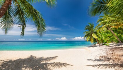 Fototapeta premium Beautiful tropical beach with palm trees, sunset beach seascape, design template for travel banner.