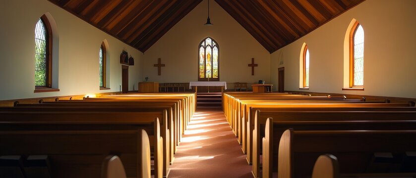 Tranquil interior of a small rural church with sunlight streaming through windows, illuminating wooden pews and a simple altar