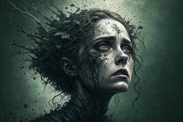 Ethereal portrait, woman merging with nature, dark green tones, surrealism, branches and leaves entwined in hair, expressive eyes, moody atmosphere, digital painting, intricately detailed, fantasy sty