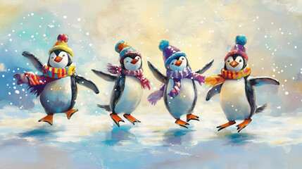 Playful Penguins Skating on Ice in Colorful Winter Attire