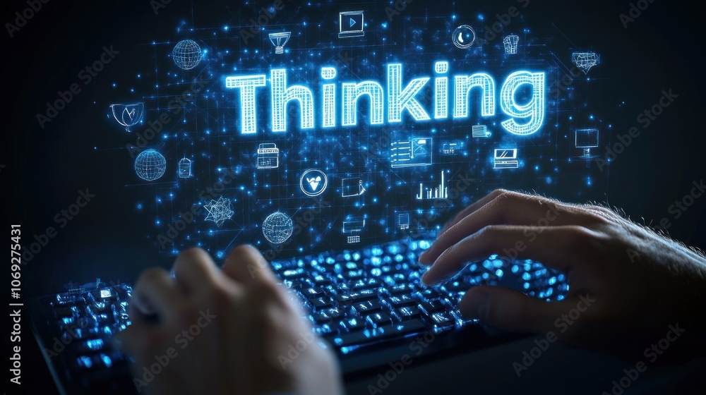 Poster a person typing on a keyboard with the word 