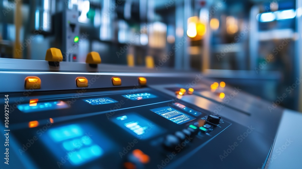 Aufkleber advanced control panel with illuminated buttons and displays in a modern industrial facility during 