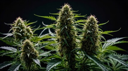 Magnificent cannabis plants The planzs are intricately detailed, with delicate veins running through each leaf, and shimmering trichomes dotting the dark green buds.