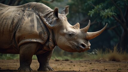 Fototapeta premium a Greater One-horned Rhinoceros, standing tall in a lush, green forest. Its thick, gray skin, prominent horn, and powerful build are captured in stunning detail.