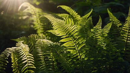 Lush green ferns illuminated by sunlight in a dense forest during late afternoon