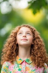 Dreaming young girl with curly hair looking up in nature