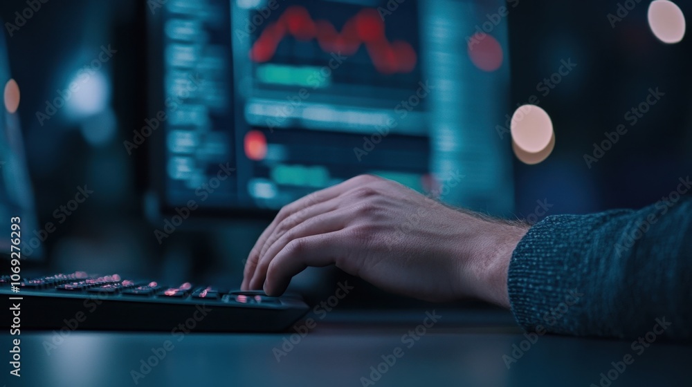 Poster close-up of a person's hands typing on a computer keyboard in a dark, digital environment