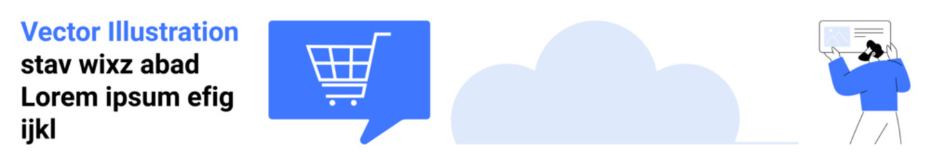 Shopping cart icon in speech bubble, cloud icon, person with analytics dashboard Ideal for e-commerce, cloud storage, data analysis, online shopping, digital marketing, tech support, SaaS