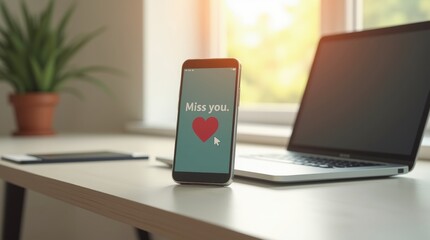 Digital love message on a phone screen, sitting on a desk next to a laptop, modern workspace, the message reads "Miss you" with a heart emoji, bright daylight streaming in from a window, clean