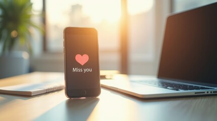 Digital love message on a phone screen, sitting on a desk next to a laptop, modern workspace, the message reads "Miss you" with a heart emoji, bright daylight streaming in from a window, clean