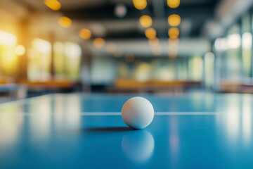 Ping Pong Ball on Blue Table in Vibrant Recreation Hall – Fun Table Tennis Tournament