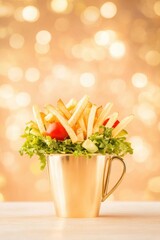 Delicious fast food with french fries, lettuce, and tomatoes in a golden cup