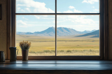Fototapeta premium Window View of Vast Plateau from Lodge in High Mountain Range – Altitude Adventure Scene