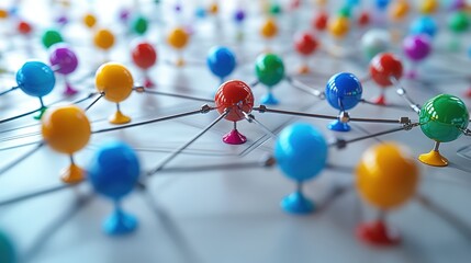 Obraz premium A network of interconnected push pins in various colors, representing a complex system