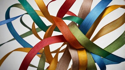 Colorful ribbons intertwined together create a vibrant display of texture and movement in a creative arrangement