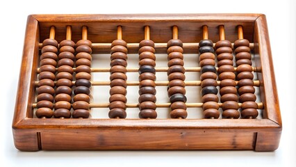 A traditional wooden abacus used for calculations in ancient China, on a white background.