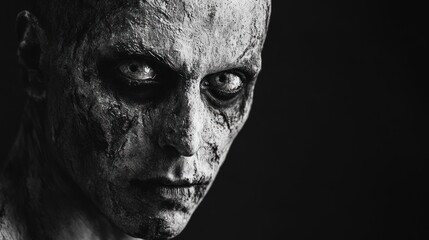 A haunting close-up of a zombie-like figure with a distressed face and eerie expression.