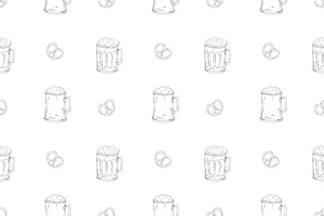 Beer glass, mug vector line illustration doodle food drink alcohol bar pub seamless pattern, bertzel, salted snack, textile design wrapping paper Octoberfest holidays weekend barbecue 