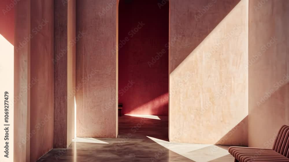 Poster sunlight streams through an archway in a modern building, casting shadows on the floor