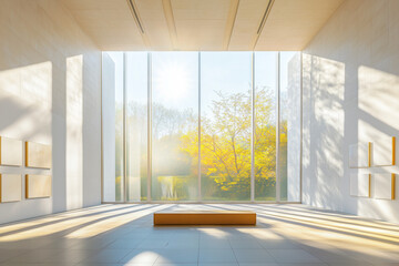 Fototapeta premium Window View of Sunlit Atrium from Gallery in Art Museum – Cultural Immersion Concept