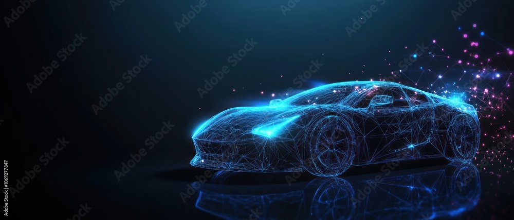 Poster a futuristic car design depicted with glowing lines and particles in a digital style.