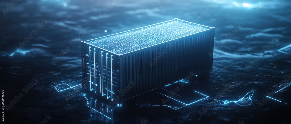 Poster a futuristic shipping container glowing with digital elements in a tech-inspired environment.