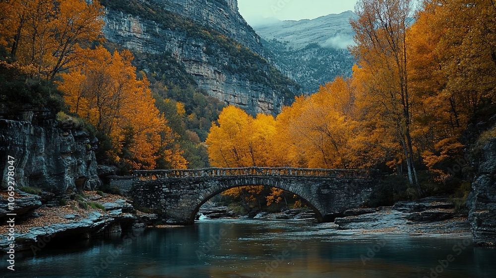 Poster a stone bridge arching over a river with autumn trees and mountains in the background.