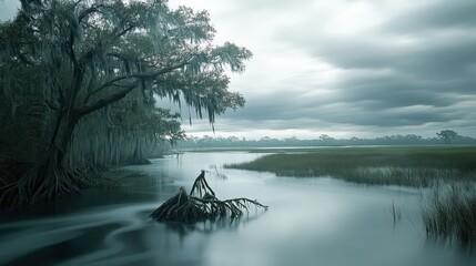 Dramatic Coastal Seascape: Storm Approaches, Mirrored Moss-Draped Trees, and Turbulent Waters Captured in Long Exposure. National Geographic Inspired.