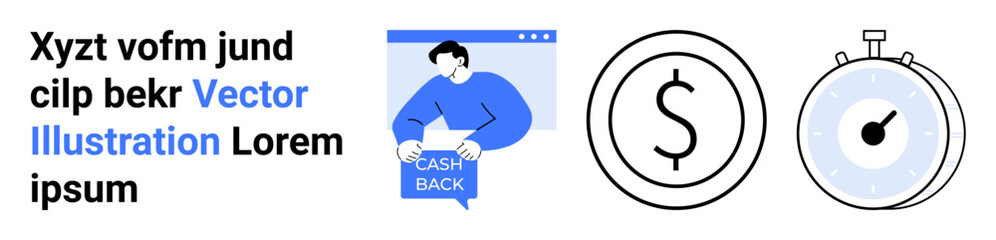 Cashback offer page, dollar sign in a circle, and timer icon. Ideal for finance sites, e-commerce, app design, marketing materials, presentations, user interfaces, and infographics. Landing page